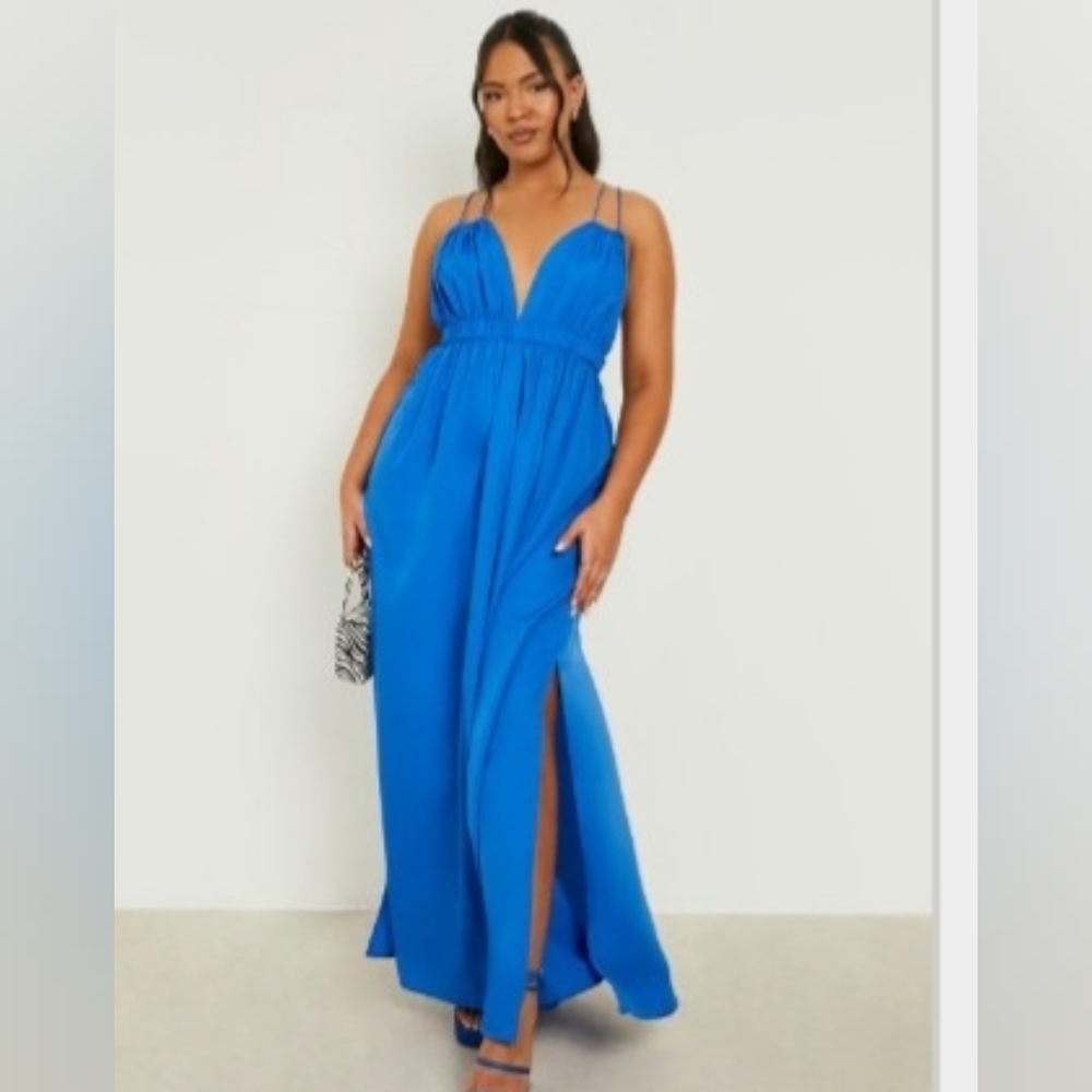 Plus Ruffle Detail Plunge Maxi Dress with Crisscross Back